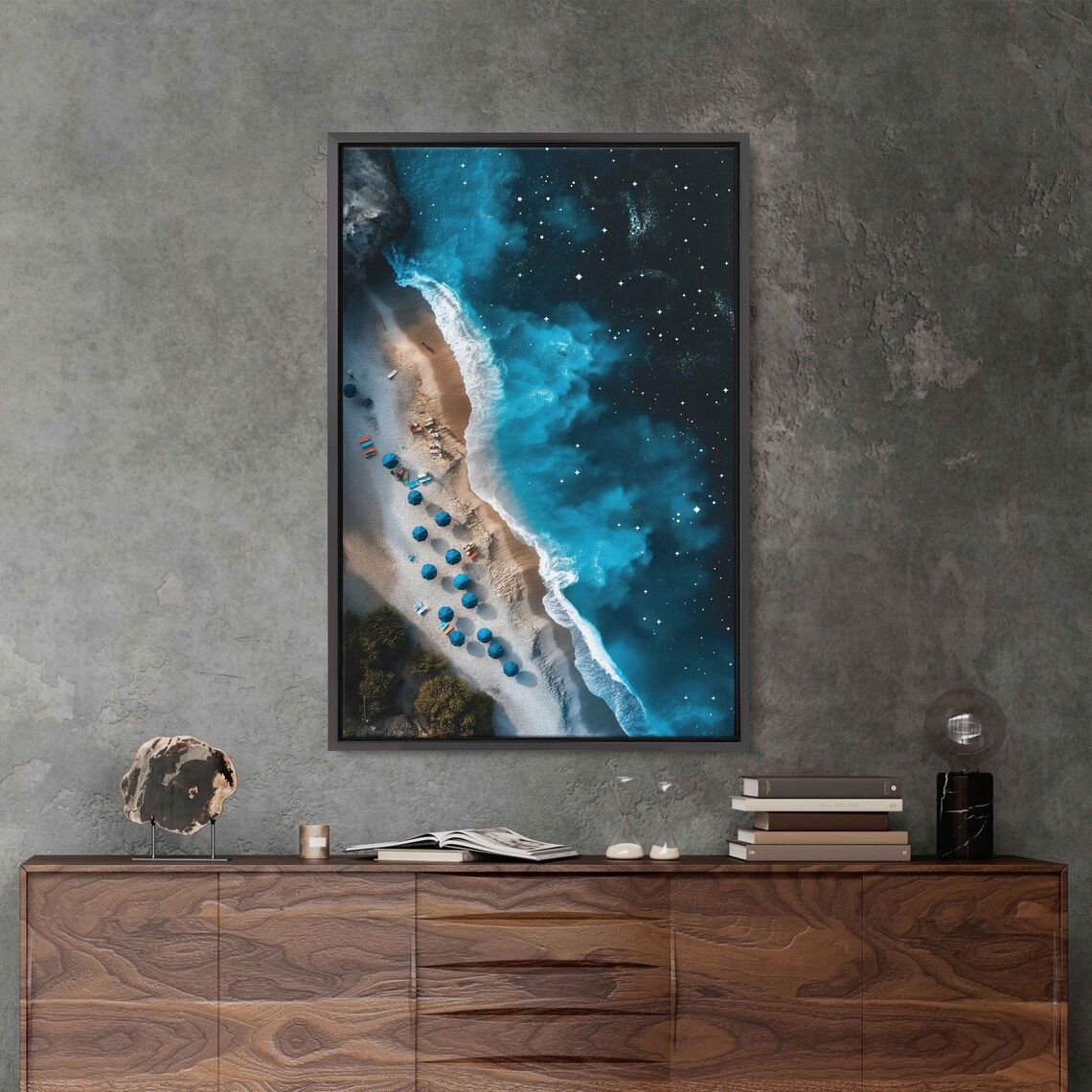 Night Beach Aerial View Turquoise Waves Umbrellas Stars Poster - Image 3