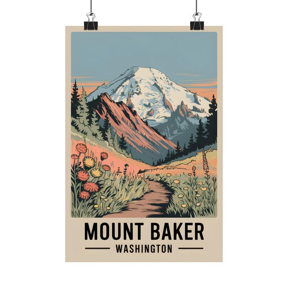 Mount Baker Washington Art Print Vintage Landscape Wall Decor Mountain Nature Scene Hiking Gift For Outdoor Enthusiasts