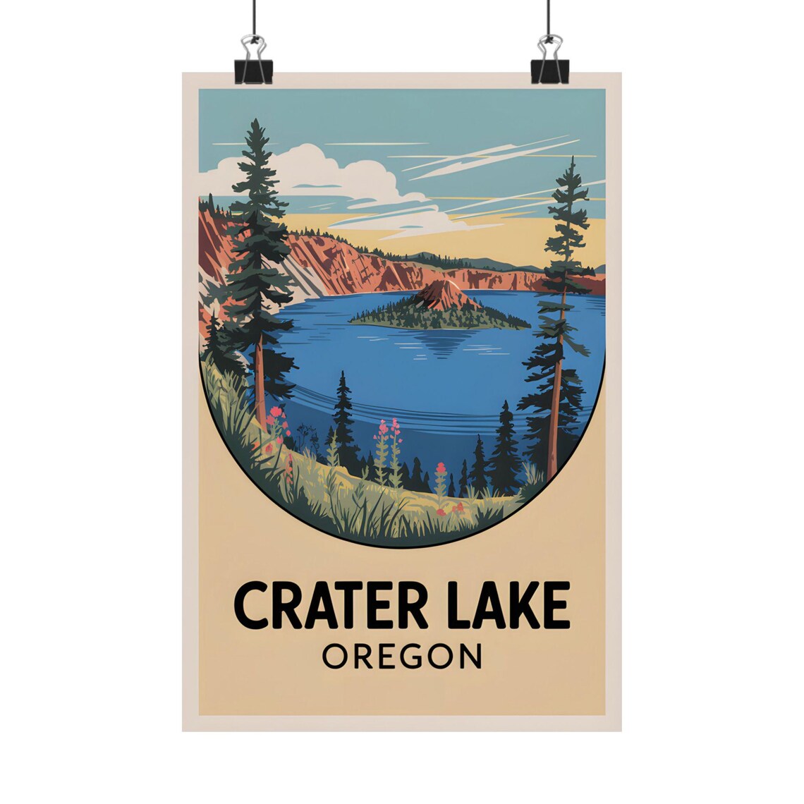 Crater Lake Oregon Circle Badge Vintage National Park Travel Poster