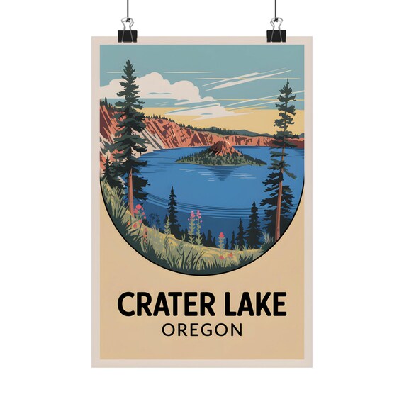 Crater Lake Oregon Circle Badge Vintage National Park Travel Poster