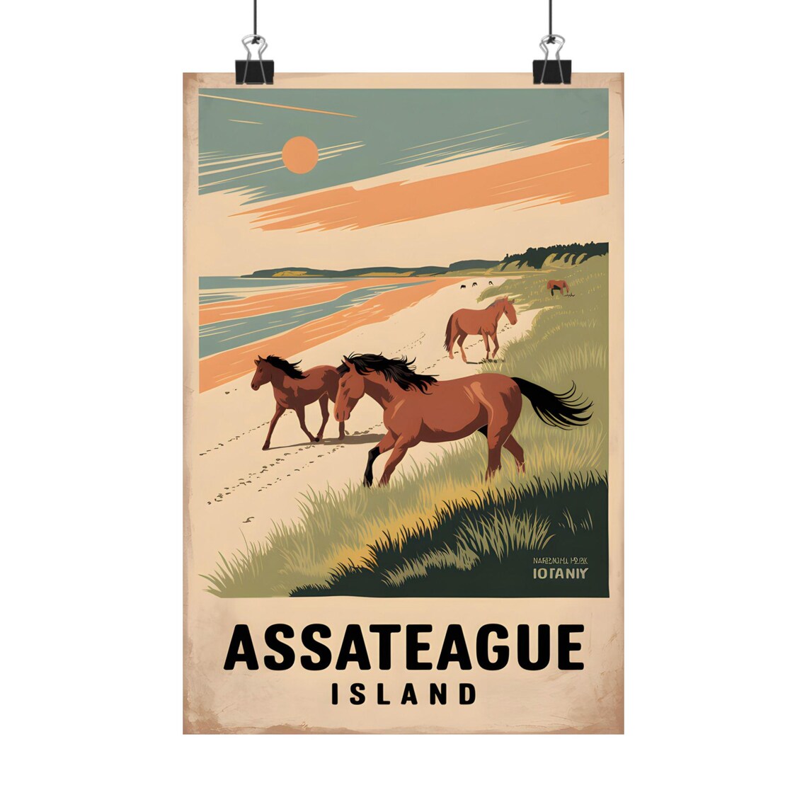Assateague Island Wild Horses Beach Sunset Vintage Travel Poster