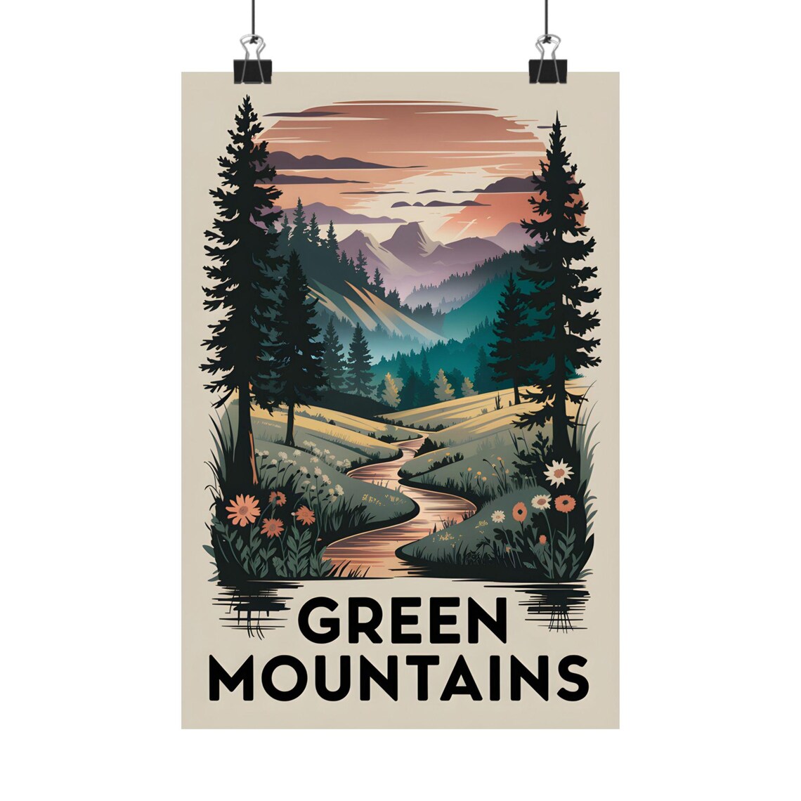 Green Mountains Valley Stream Pine Forest Wildflower Wall Art