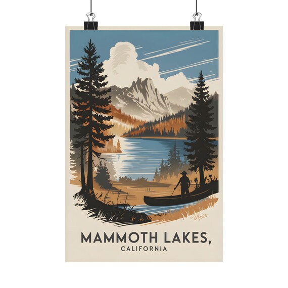 Mammoth Lakes California Canoe Fisherman Alpine Lake Vintage Poster