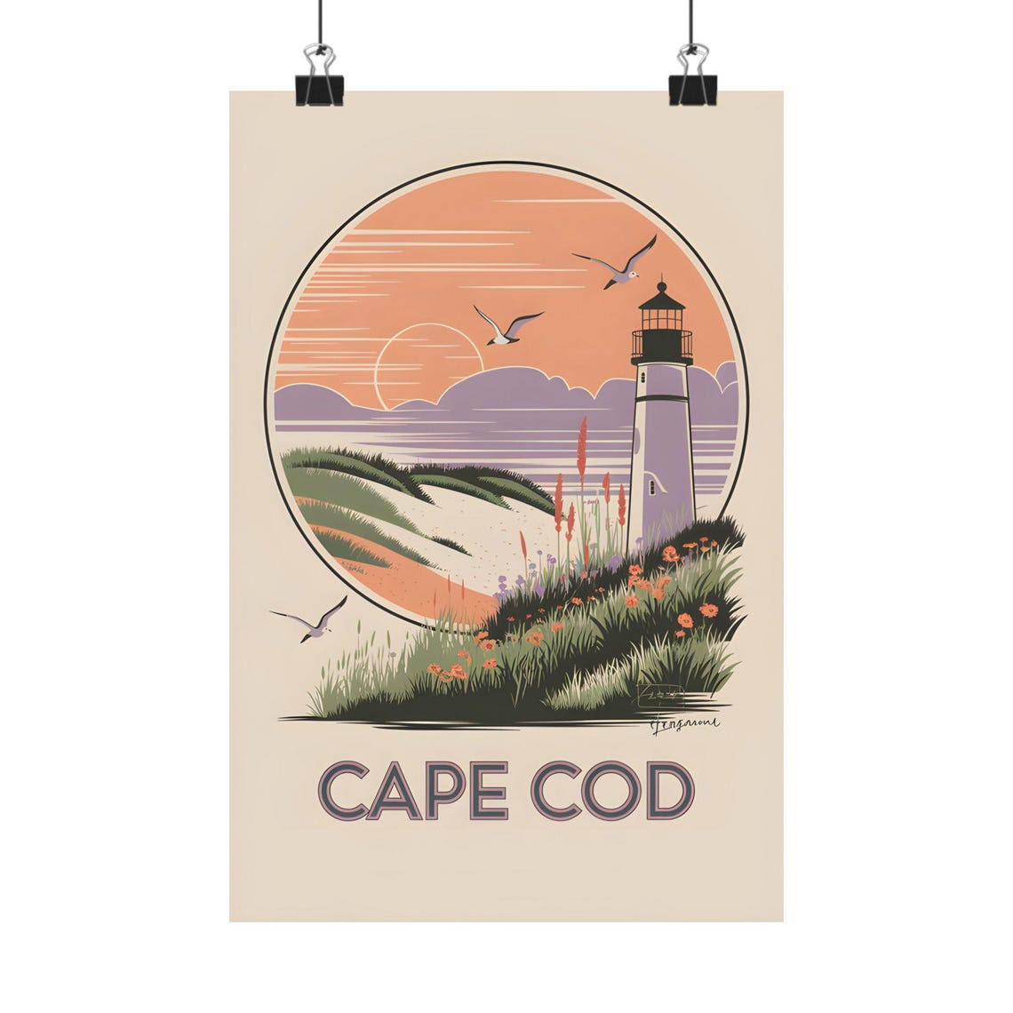 Cape Cod Lighthouse Circle Frame Dunes Seagulls Retro Travel Poster