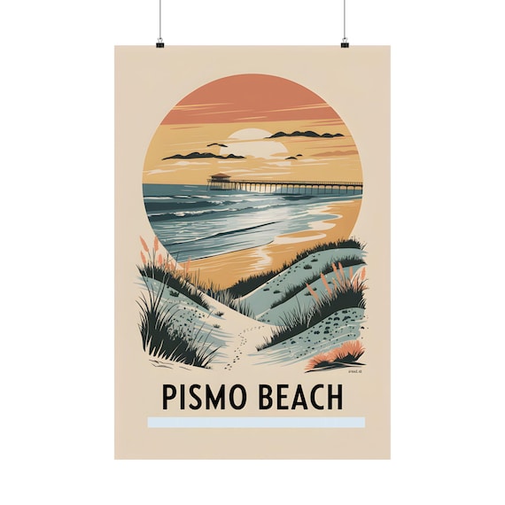 Pismo Beach Pier Sunset Circle Frame Dunes Vintage Coastal Poster