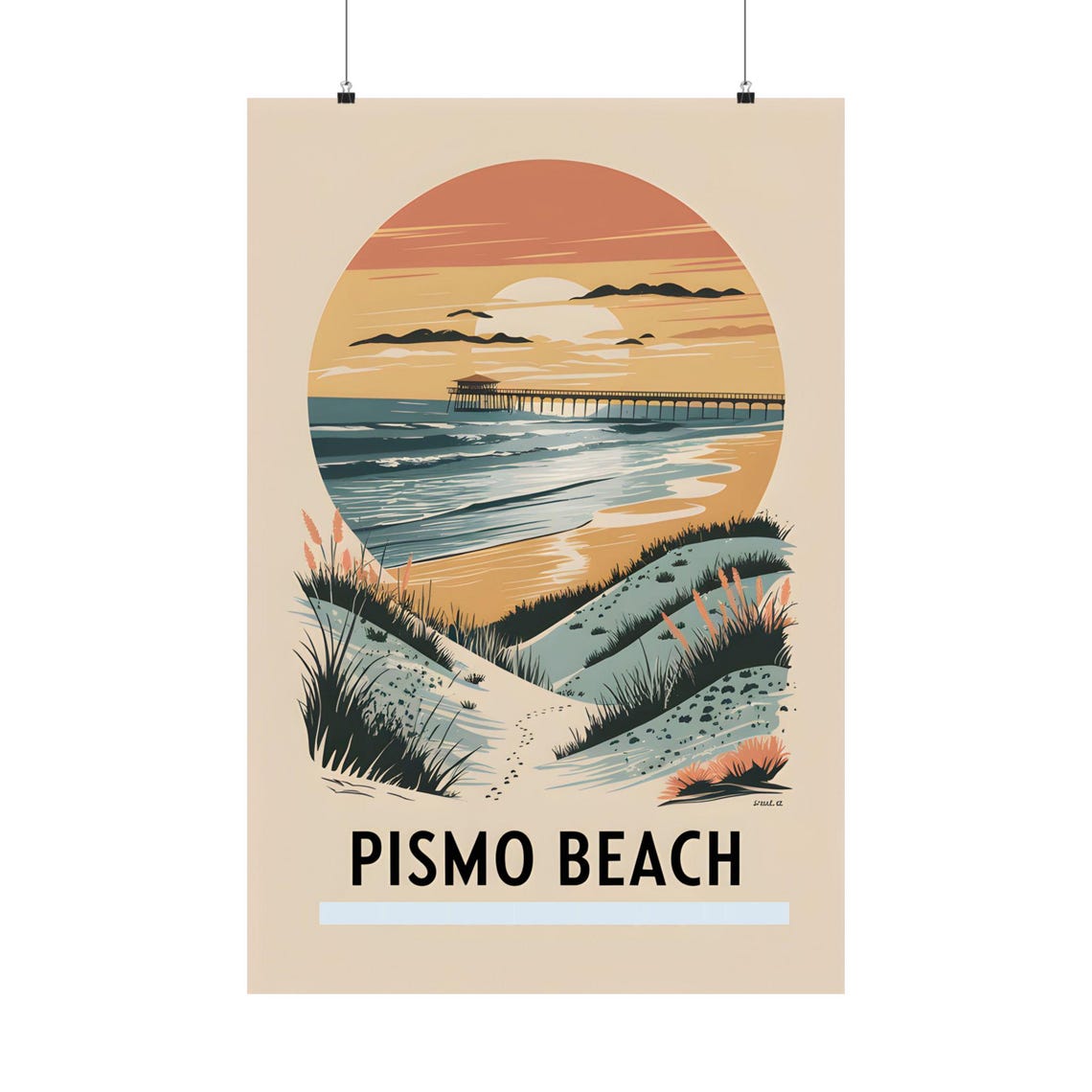 Pismo Beach Pier Sunset Circle Frame Dunes Vintage Coastal Poster