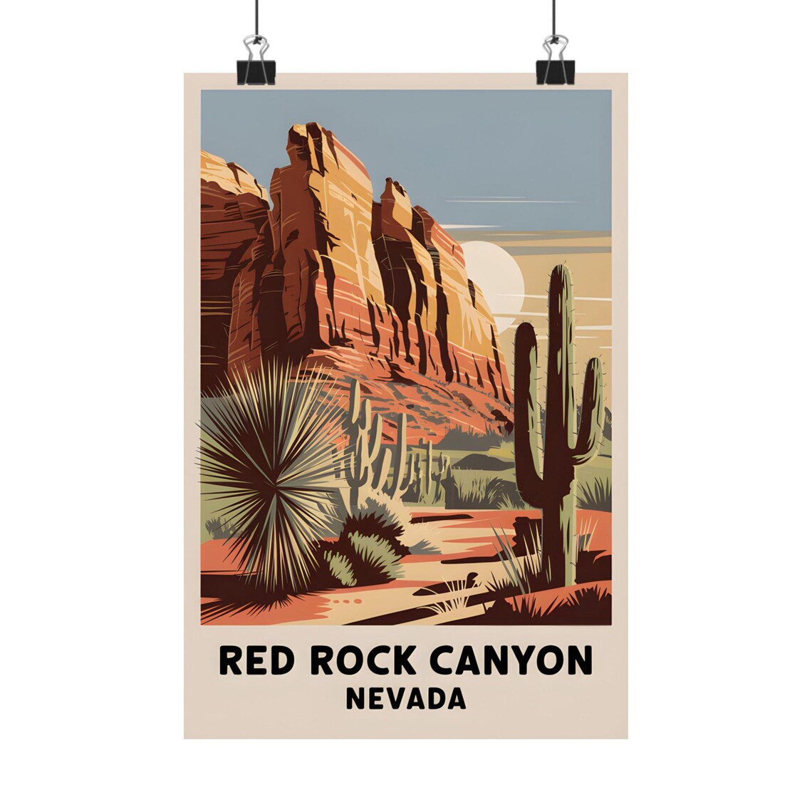 Red Rock Canyon Nevada Circle Badge Desert Cactus Vintage Art Poster