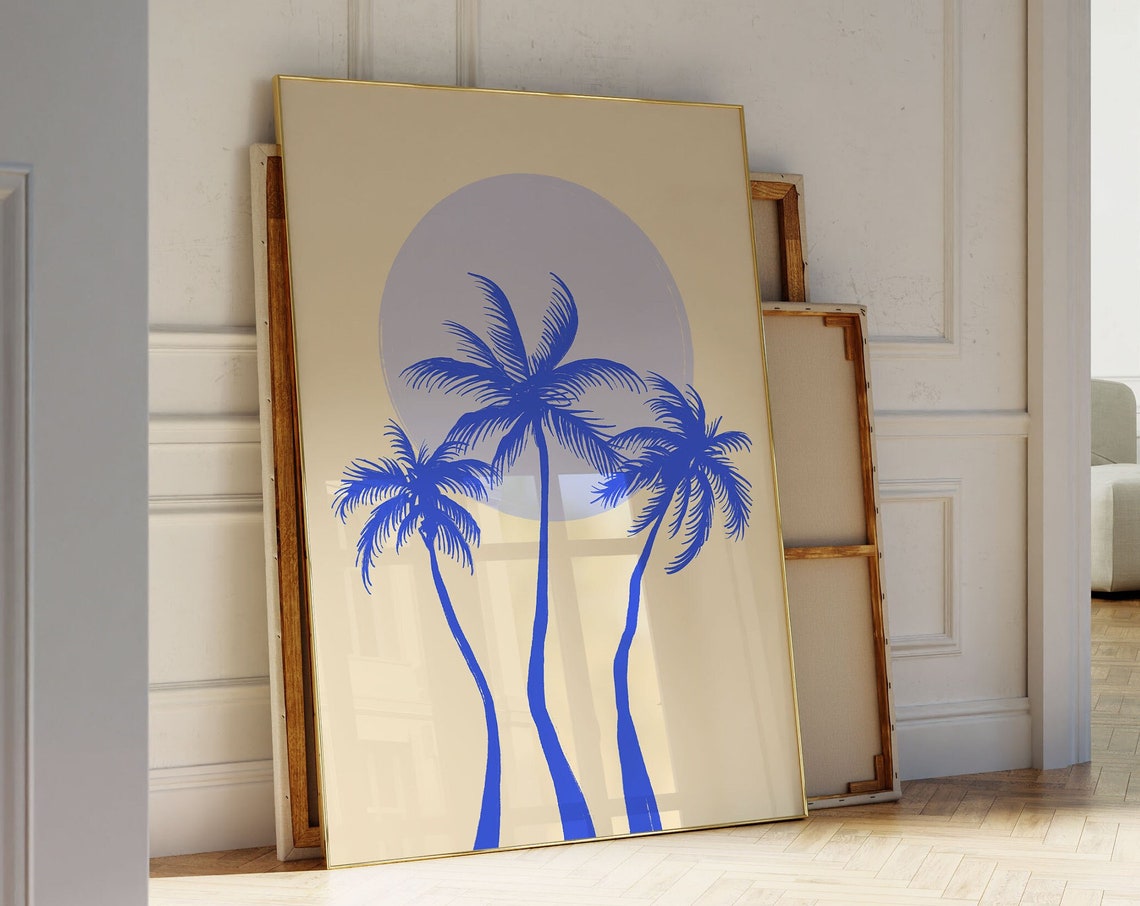 Chic Retro Blue Palm Trees Gray Moon Minimalist Coastal Poster