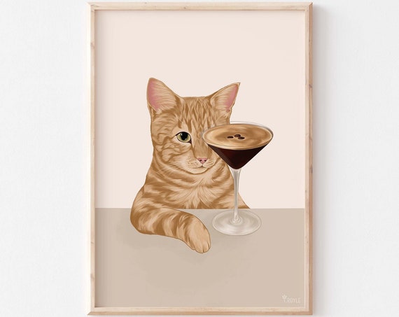 Cocktail Cat Print, Funny Cat Poster