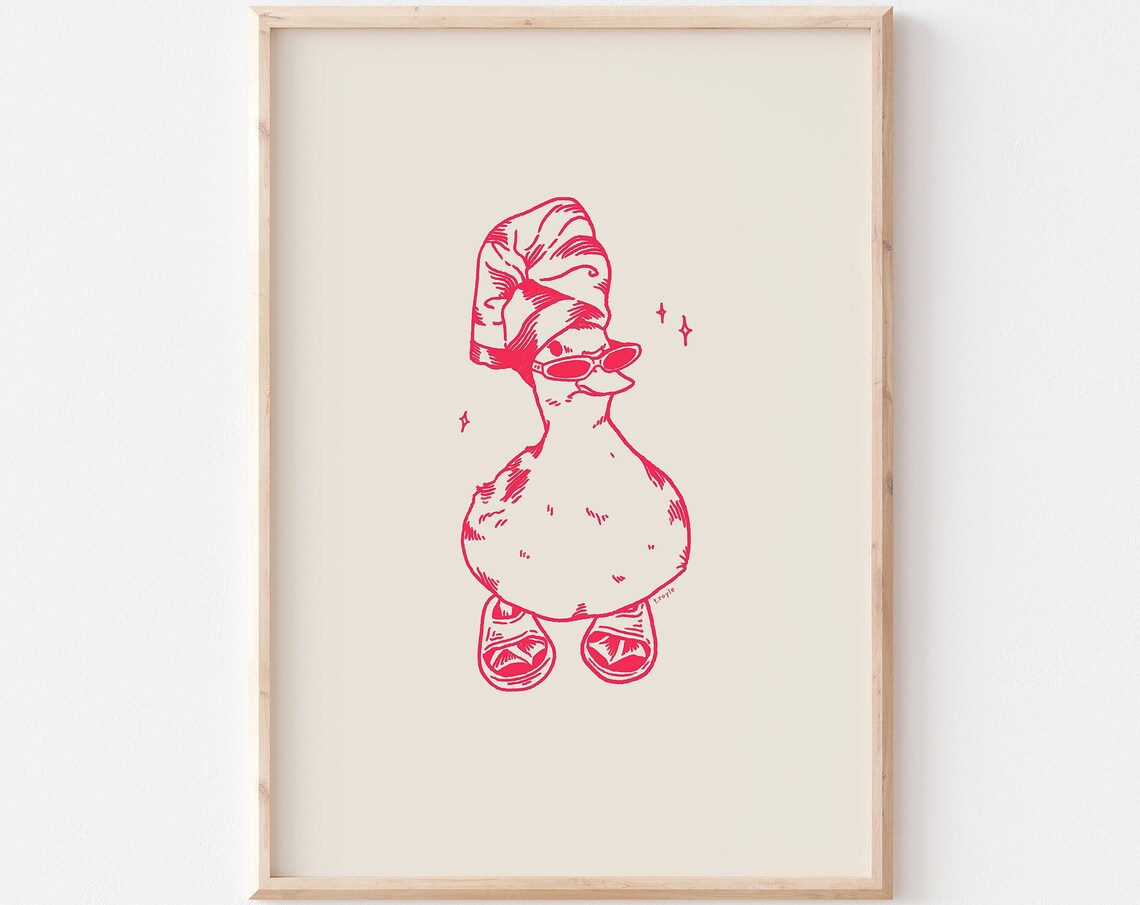 Cool Duck in Slippers Pink Minimalist Line Art Bathroom Poster