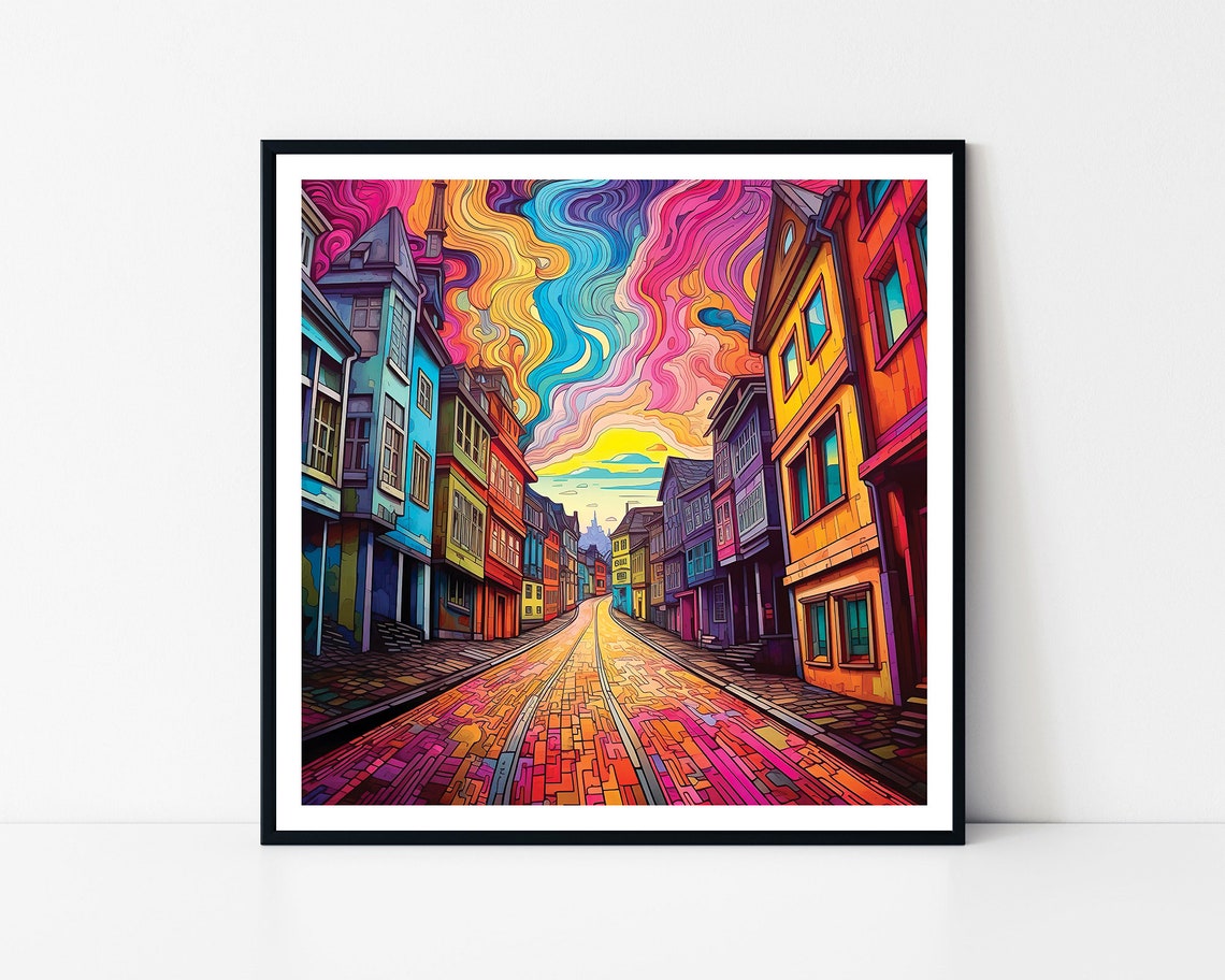Colorful Psychedelic City Street Swirling Sky Urban Art Poster