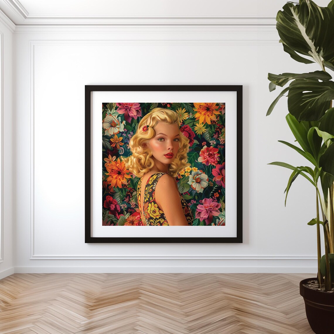 Vintage Pin Up Blonde Woman Floral Dress Retro Beauty Poster - Image 5