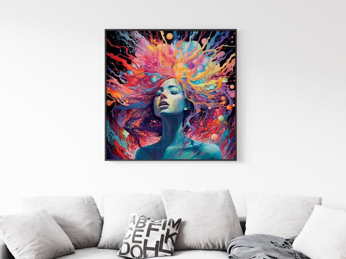 Serene Woman Face Dissolving Neon Cosmic Energy Surreal Wall Art - Image 4