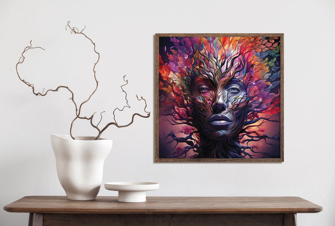 Tree Of Life Woman Face Autumn Leaves Psychedelic Goddess Poster - Image 2