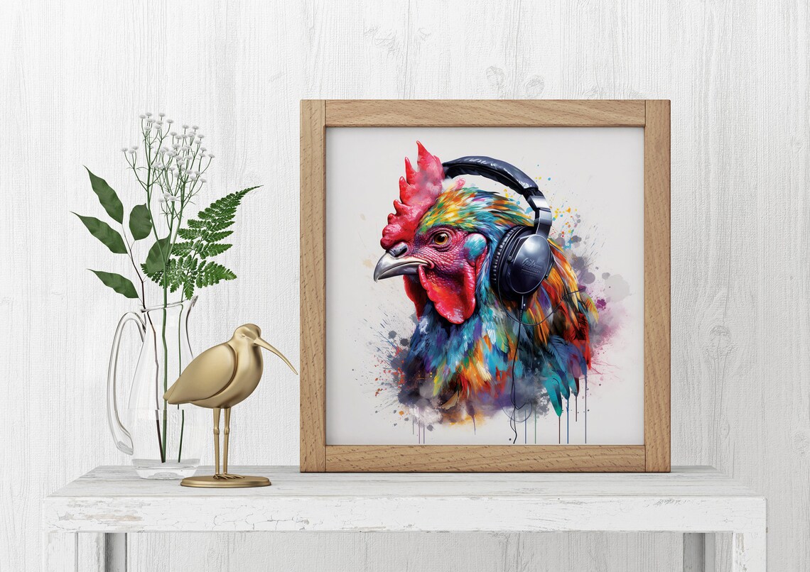 Rooster Headphones Watercolor Colorful Music Lover Chicken Poster - Image 3