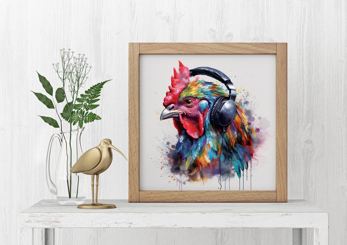 Rooster With Headphones Framed Poster Painting Of Rooster With Headphones Rooster Wall Art Home Decoration Animal Lovers Colors Splash - Image 3