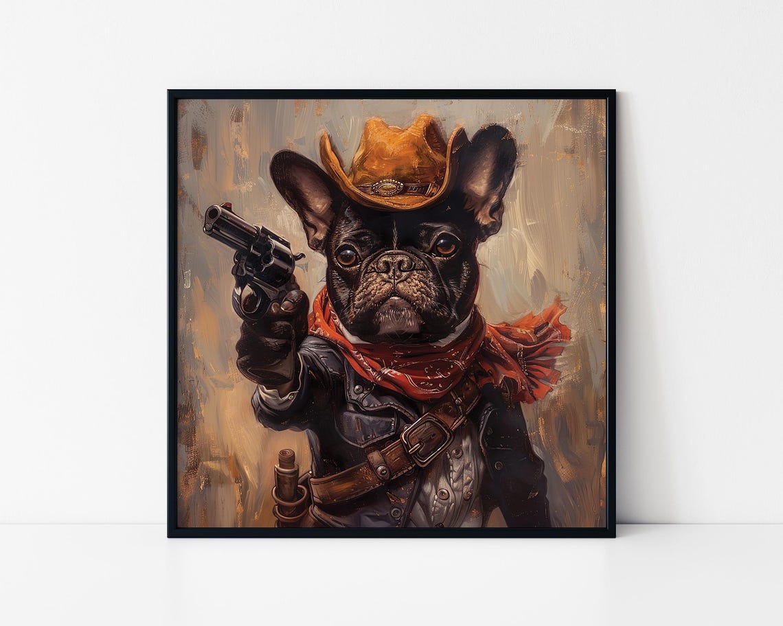 French Bulldog Cowboy Framed Poster Painting Of A Bulldog As A Cowboy With A Gun Bulldog Western Style Dogs Lovers Wall Art Bulldog Art