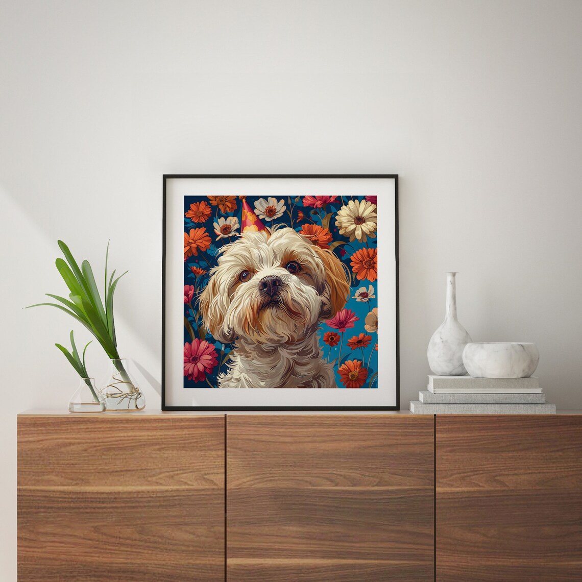Fluffy Birthday Dog With Party Hat Colorful Flower Garden Art Poster - Image 5