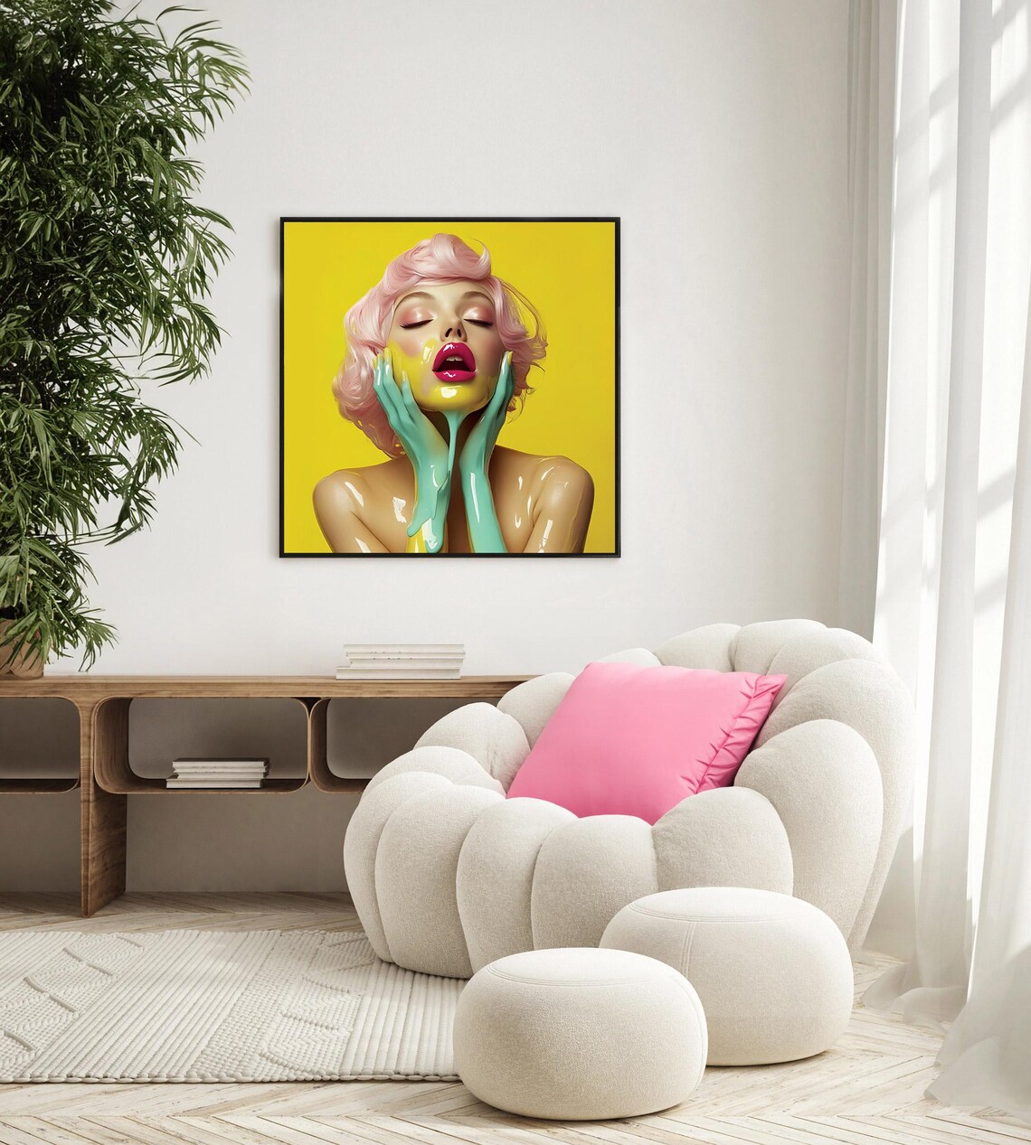Pop Art Woman Pink Hair Yellow Paint Glossy Modern Fashion Poster - Image 2