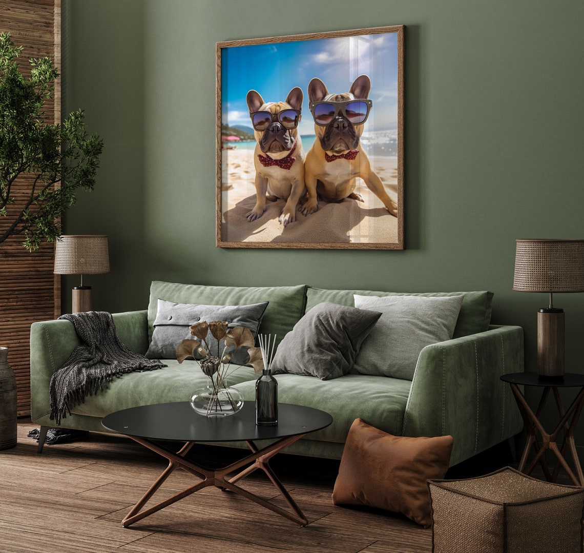 French Bulldogs Beach Sunglasses Bow Ties Funny Summer Dogs Poster - Image 3
