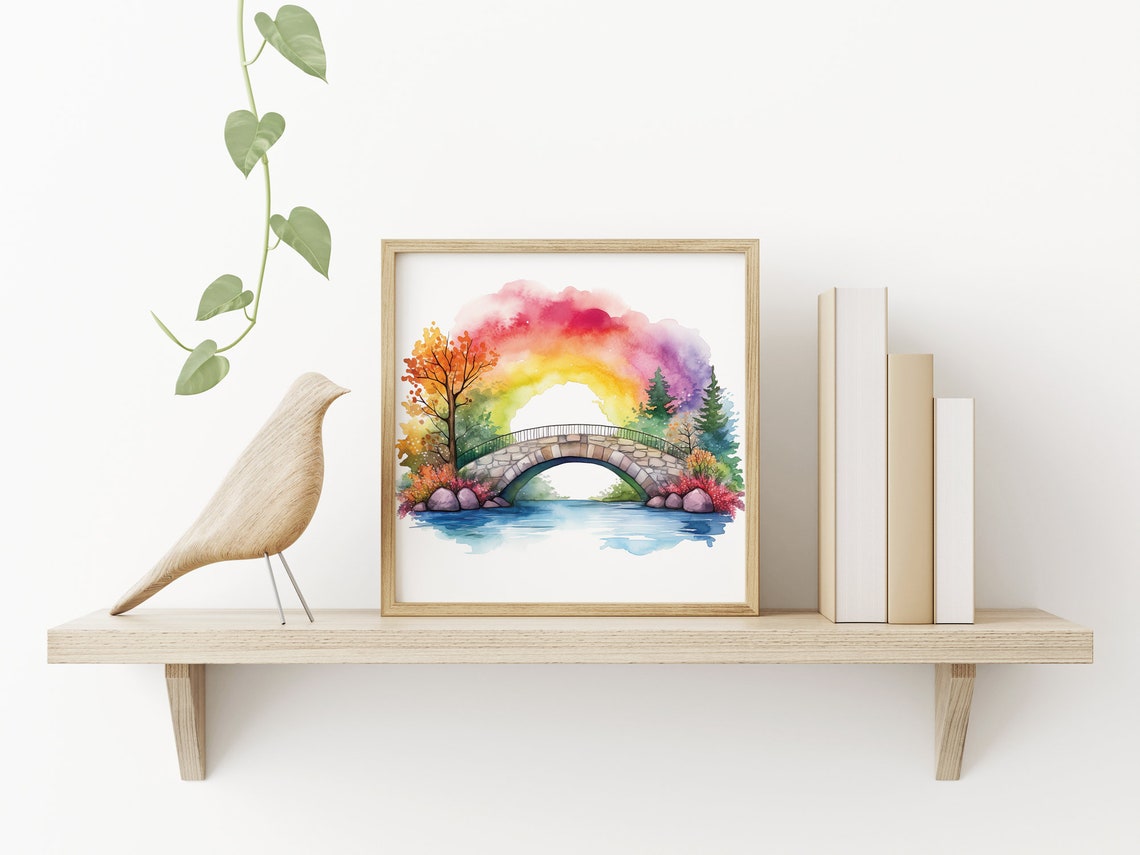 Stone Bridge Rainbow Watercolor Autumn River Serene Landscape Poster - Image 5