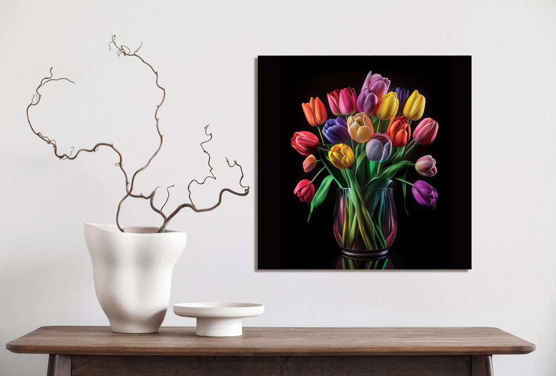 Colorful Tulip Bouquet Glass Vase Dark Moody Floral Still Life Poster - Image 5