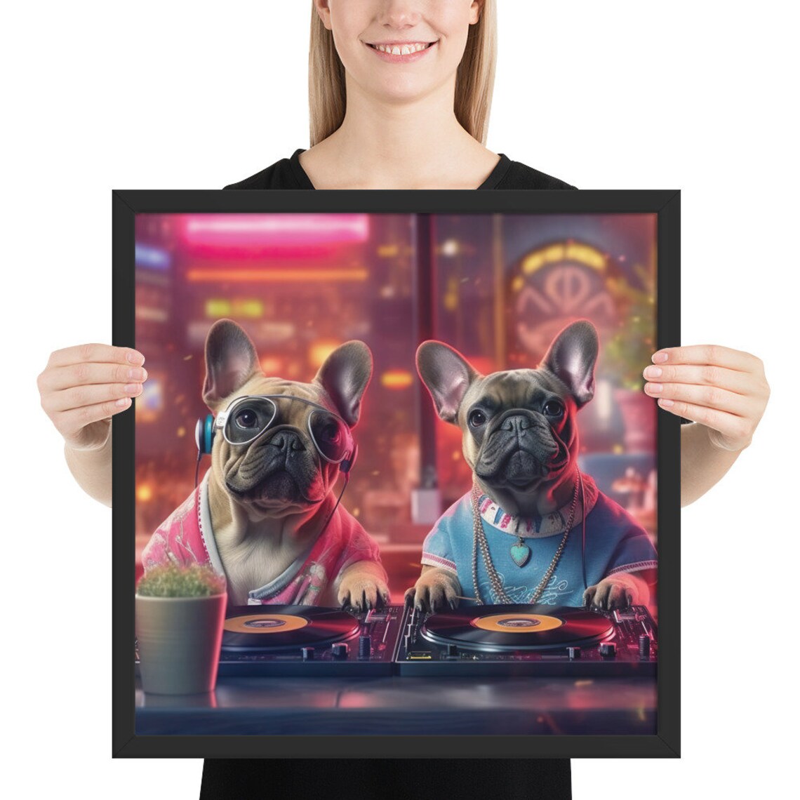 Cool Bulldogs Djs Playing Music In A Club Framed Poster Two French Bulldogs As Dj Dogs Lovers Bulldogs Djs Rave Techno Dogs Wall Art - Image 2