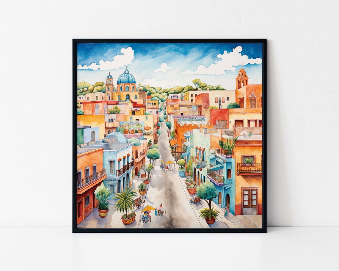 Watercolor Illustration Of Santa Fe In New Mexico Framed Poster Watercolor Santa Fe Cityscape Poster Santa Fe Vibrance Mexican Streets