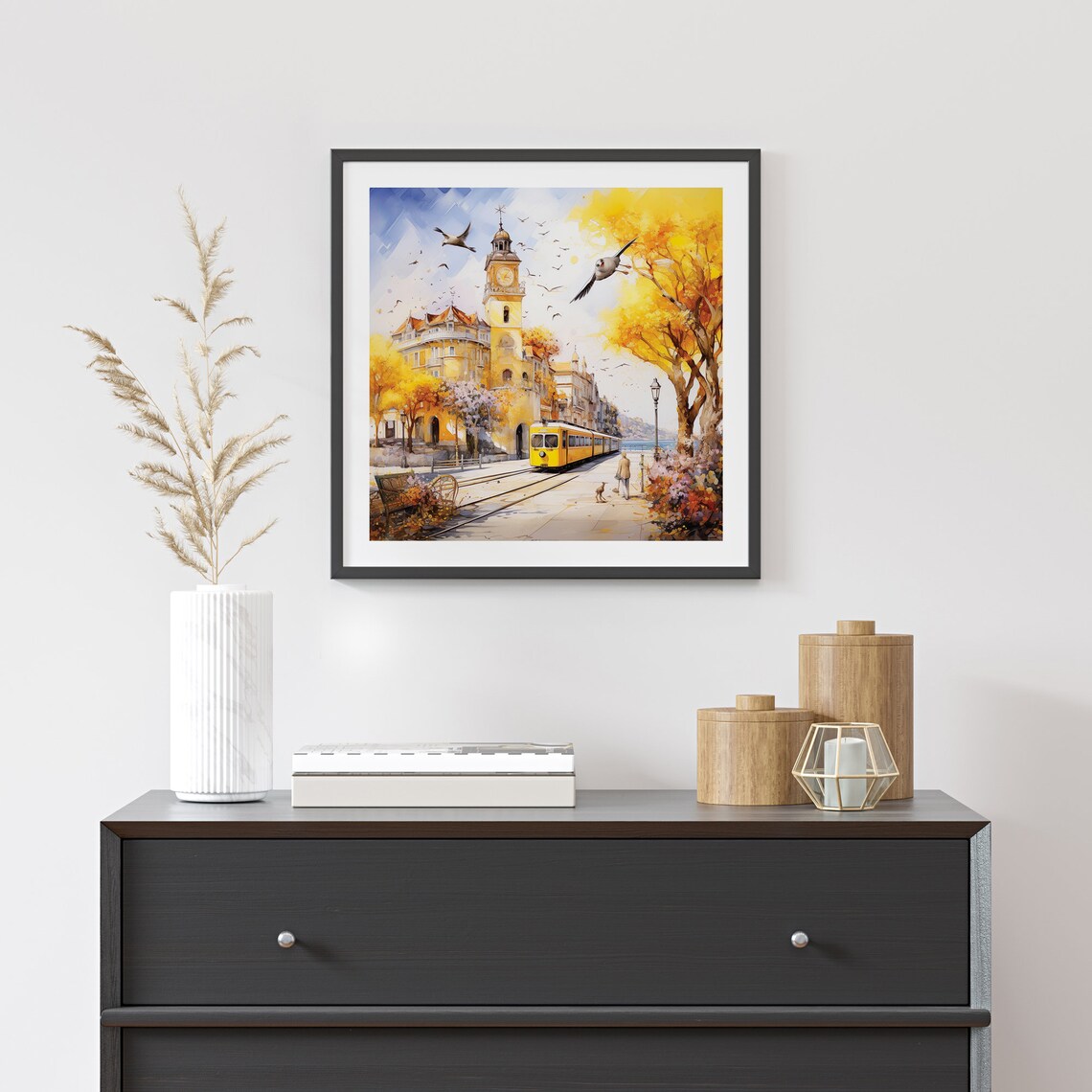 Watercolor European City With Yellow Tram And Seagulls Travel Poster - Image 4