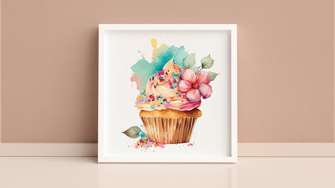 Watercolor Cupcake With Flowers Art Print, Kitchen Decor - Image 3