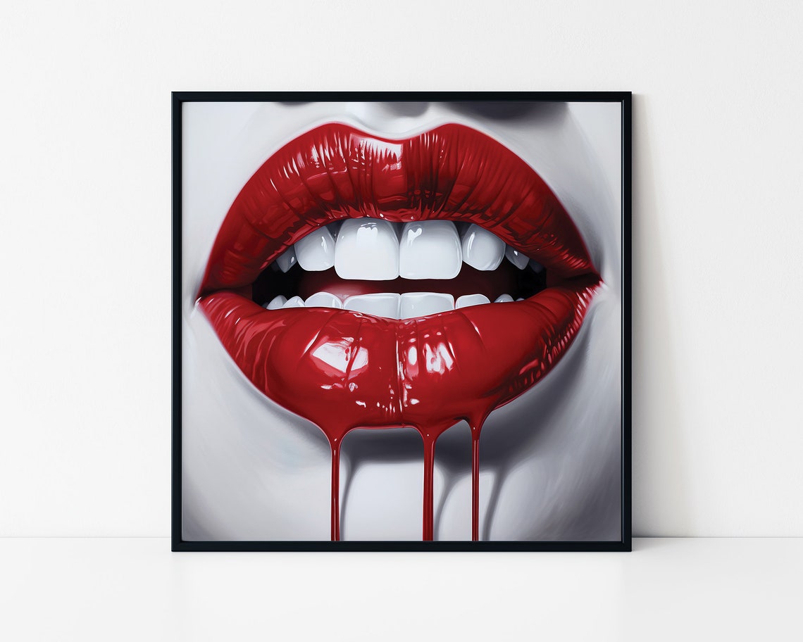 Glossy Red Lips Macro Dripping Lipstick Bold Pop Art Glam Poster