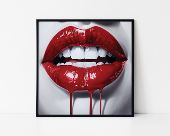 Glossy Red Lips Macro Dripping Lipstick Bold Pop Art Glam Poster
