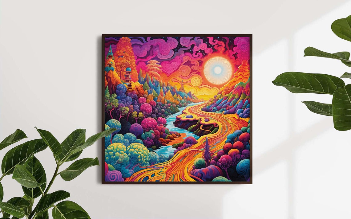 Psychedelic Rainbow Valley Road Trip Trippy Sunset Landscape Poster - Image 5