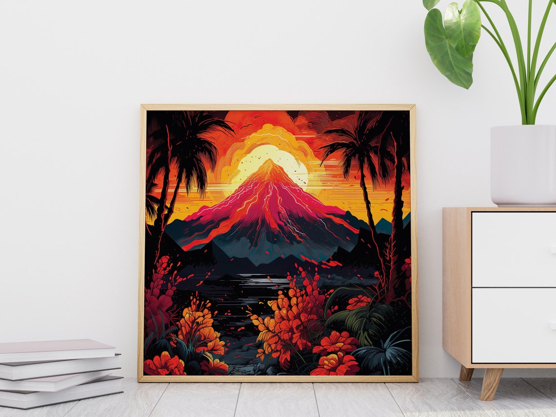 Volcano Eruption At Sunset With Palm Trees Tropical Lava Art Poster - Image 3