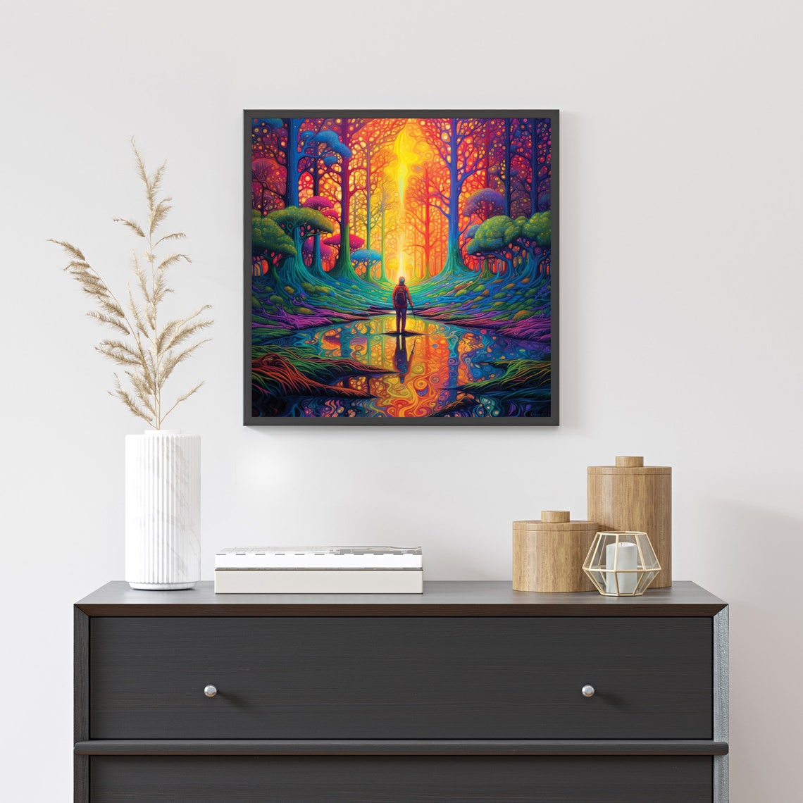 Lone Hiker In Psychedelic Rainbow Forest Reflective Lake Art Poster - Image 2