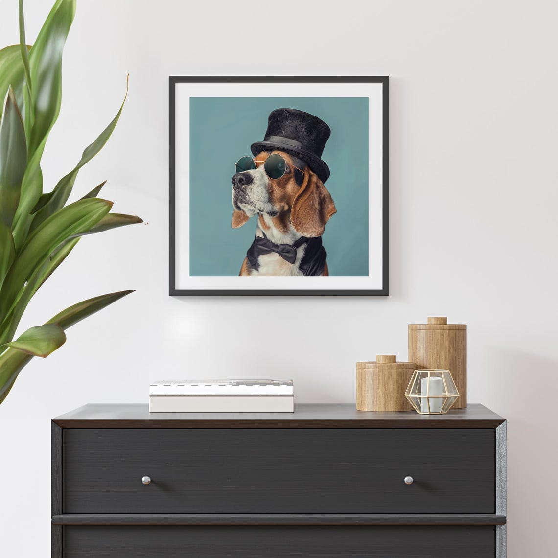 Portrait Of Beagle Dog Wearing Sunglasses And Hat Framed Poster Cool Beagle Dog Portrait Dog Wall Art Dog Lovers Art Dog In Style - Image 3