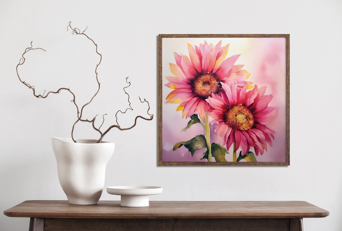 Pink Sunflowers Watercolor Pair Soft Floral Blossom Art Poster - Image 3