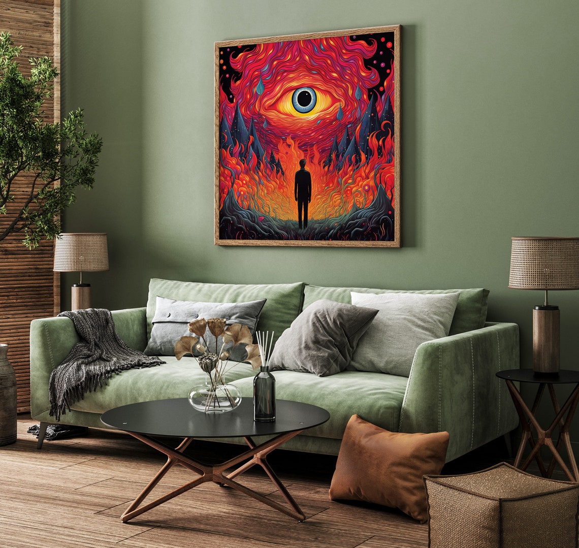 Man Standing In A Burning Psychedelic Forest Framed Poster Burning Eye Psychedelic Poster Psychedelic Wall Art Psychedelic Wildfire - Image 4