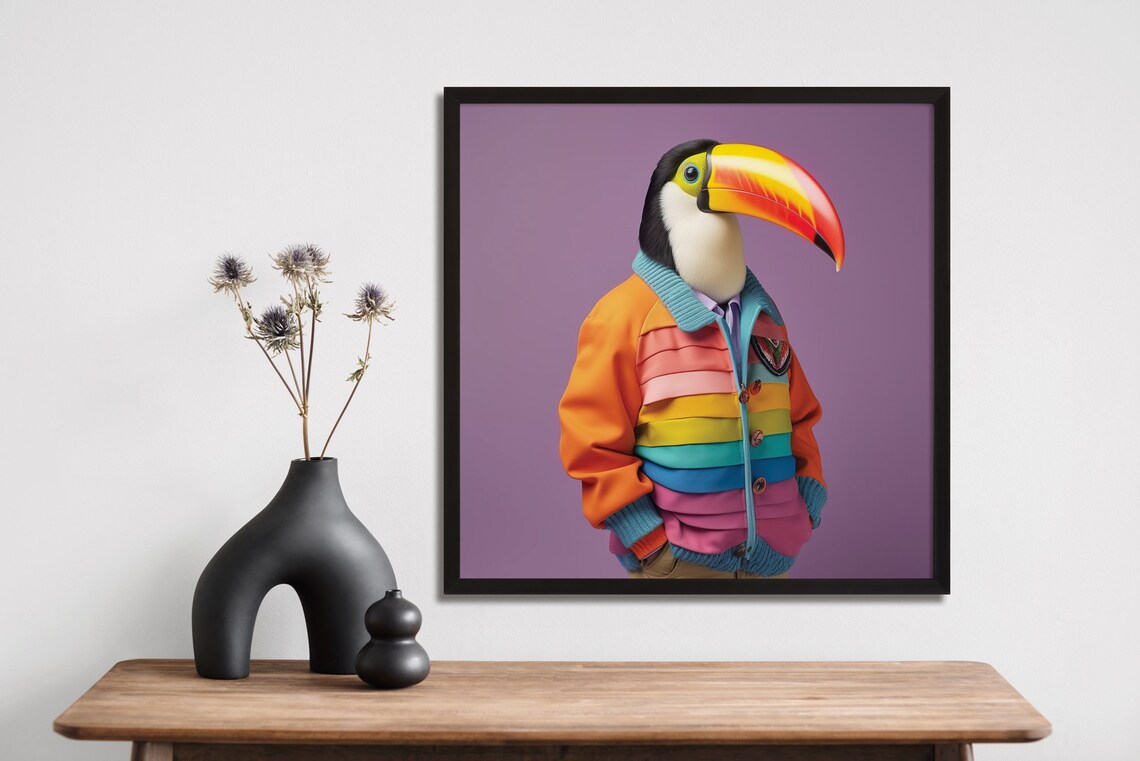Toucan Rainbow Jacket Stylish Colorful Bird Fashion Portrait Poster - Image 2