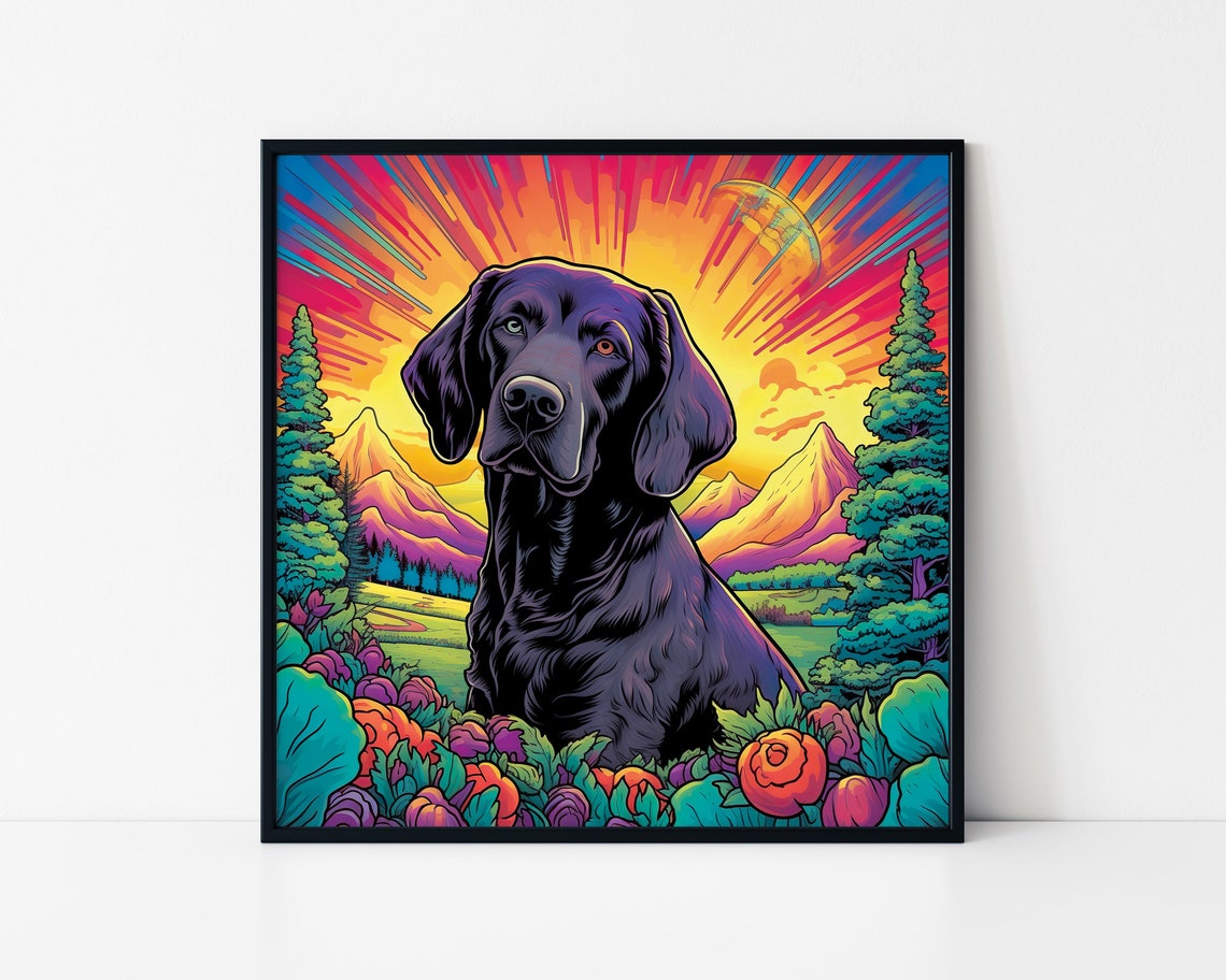 Black Labrador Sunset Mountains Psychedelic Dog Meadow Art Poster