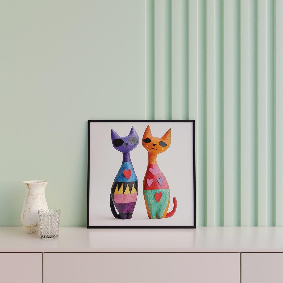 Folk Art Cats Hearts Colorful Pair Whimsical Handmade Style Poster - Image 4