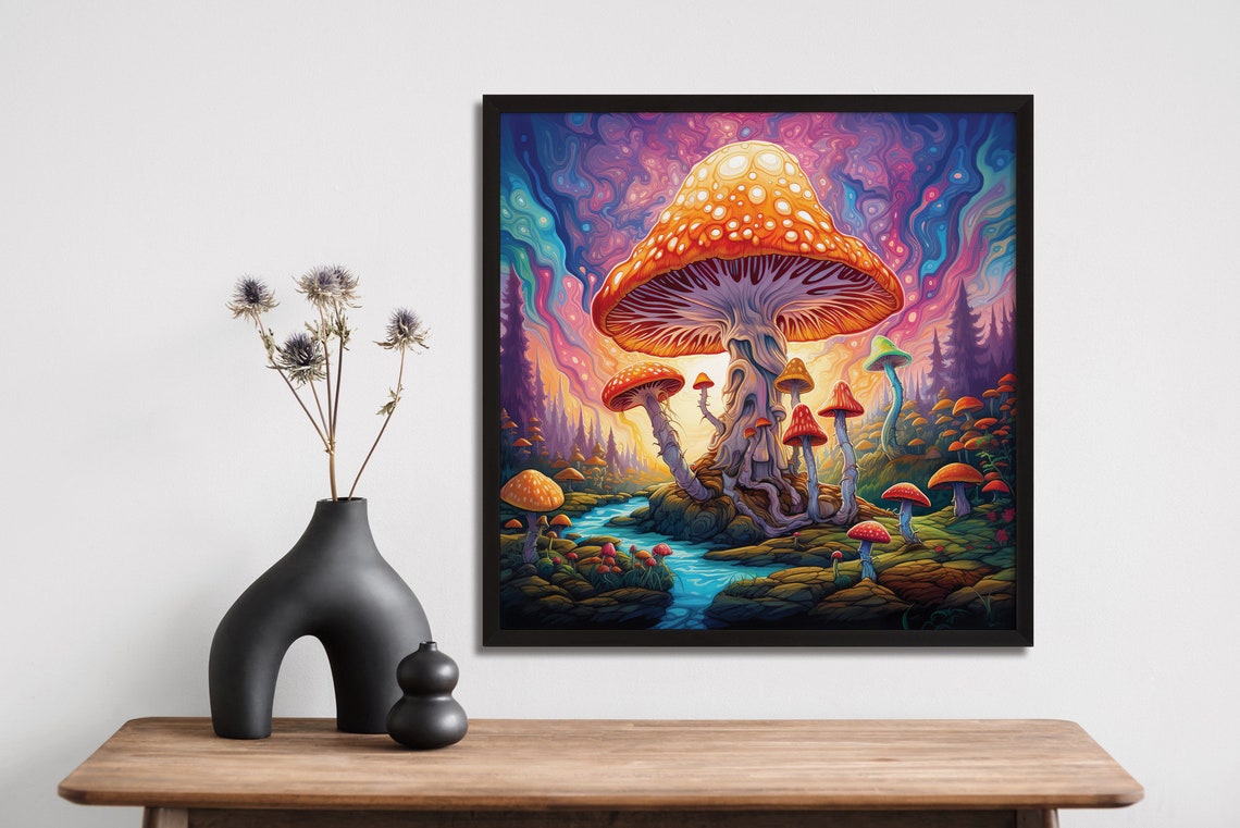 Psychedelic Mushroom Sunset Swirling Sky Trippy Amanita Poster - Image 3