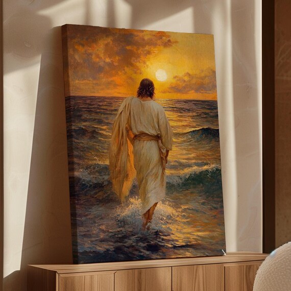 Jesus Walking On Water At Sunset Inspirational Christian Art Poster