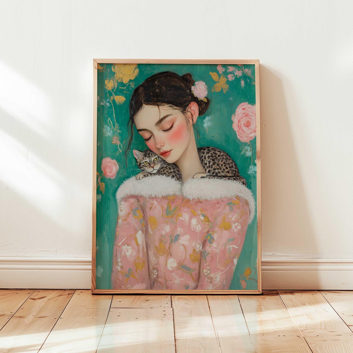 Whimsical Woman Hugging Tabby Cat Vintage Floral Portrait Poster
