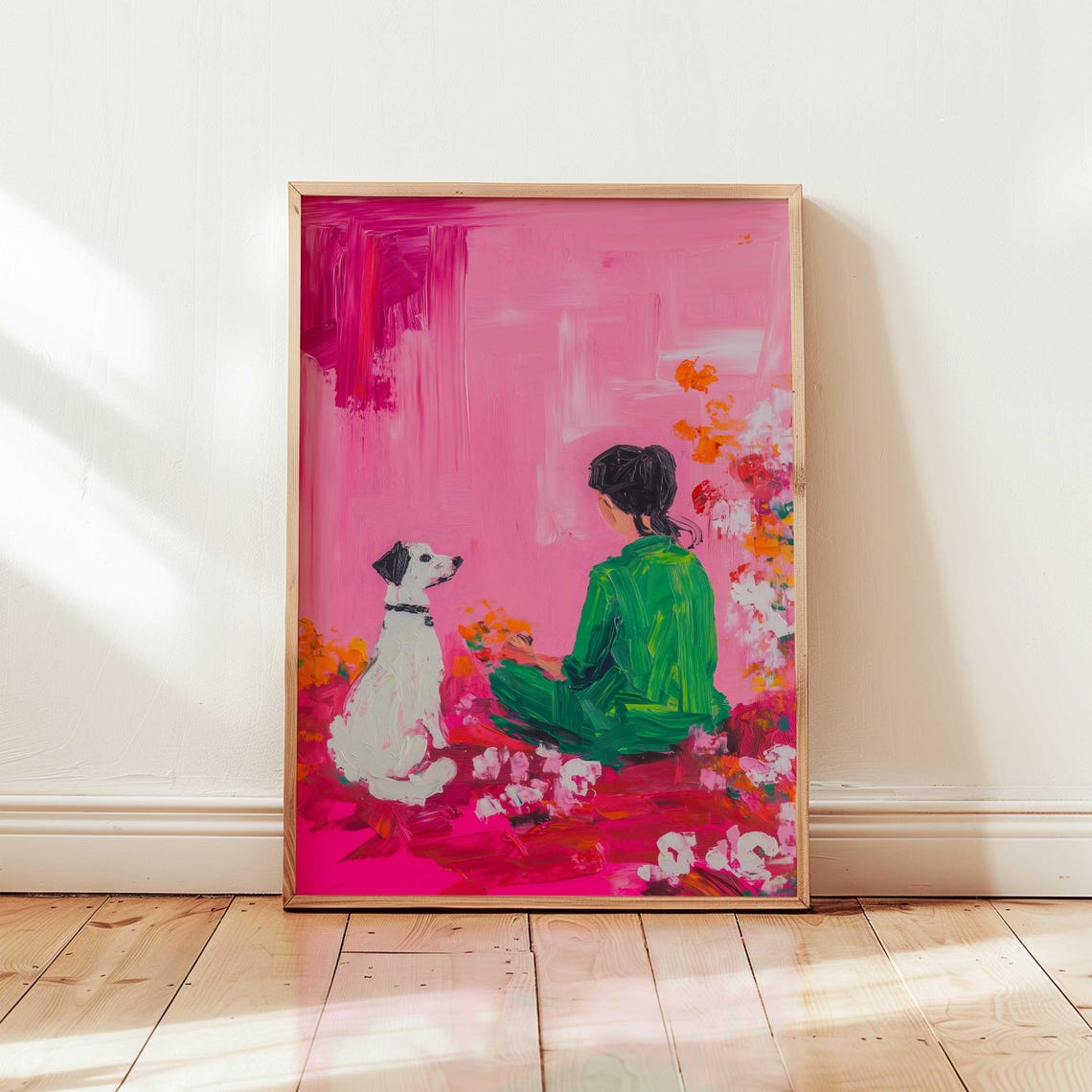 Girl With Dog Painterly Portrait Pink Floral Artwork Poster Art