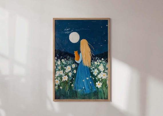 Cozy Pet Lover Wall Art Cat Mom Gift Modern Animal Poster Girl Under Moon Print Moonlight Night Sky Painting