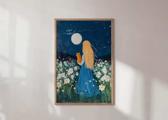 Girl Holding Orange Cat Under Full Moon Poster Moonlit Daisy Field Art