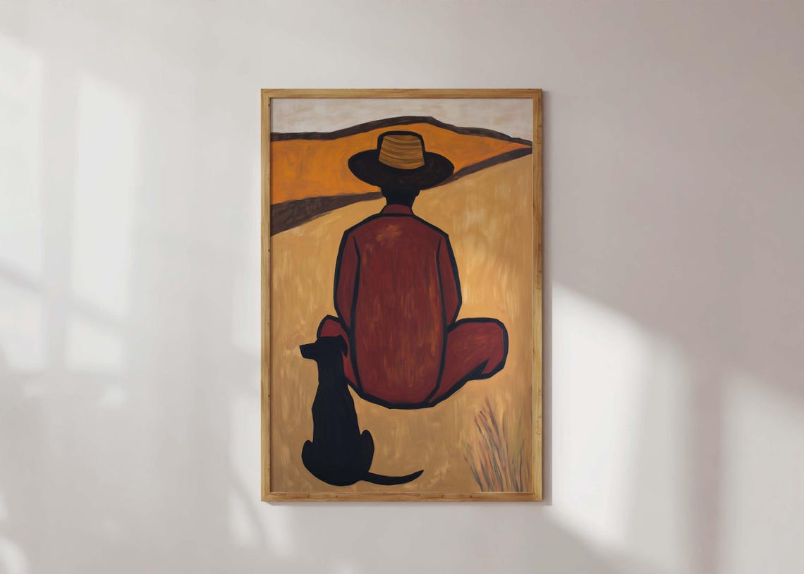 Minimalist Cowboy With Dog Desert Sunset Rustic Western Art Poster