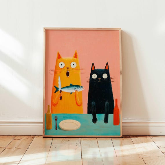 Cute Retro Kitchen Decor Funny Cat Art Whimsical Colorful Print Modern Animal Wall Lover Gift