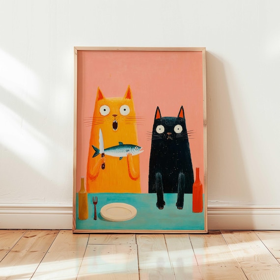Funny Cats Sharing Fish Quirky Colorful Animal Kitchen Art Poster
